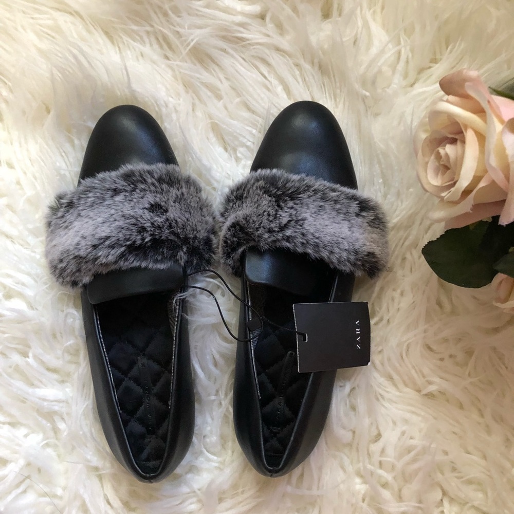 New Zara fur loafers  with quilted inside soles